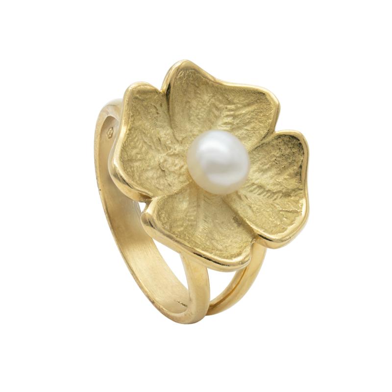 Anillo Oro 18 Kilates- Flor Con Perla Central