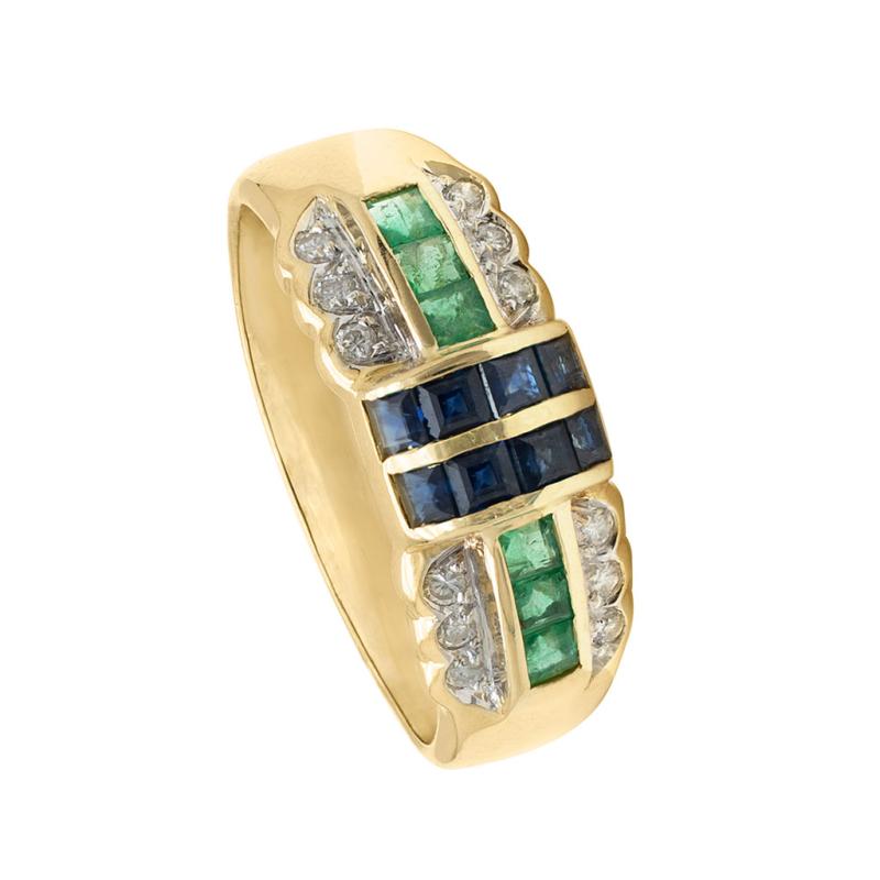 Anillo de Oro 18 kilates - Con Zafiros, Brillantes Y Esmeraldas