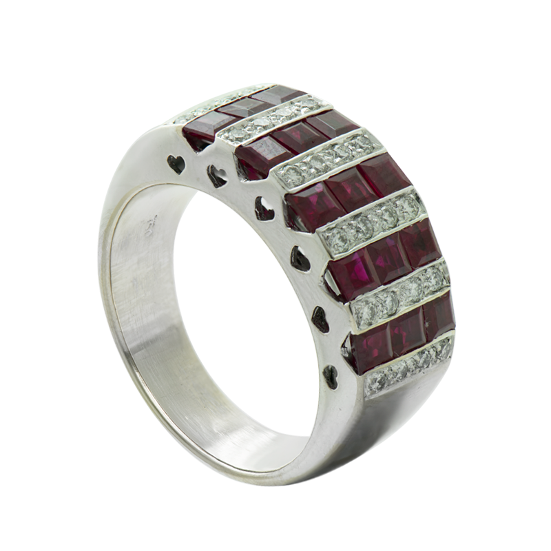 Conjunto Oro 18 kilates - Anillo y aros con brillantes y rubíes