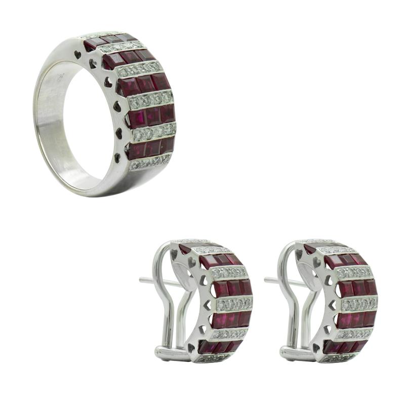 Conjunto Oro 18 kilates - Anillo y aros con brillantes y rubíes