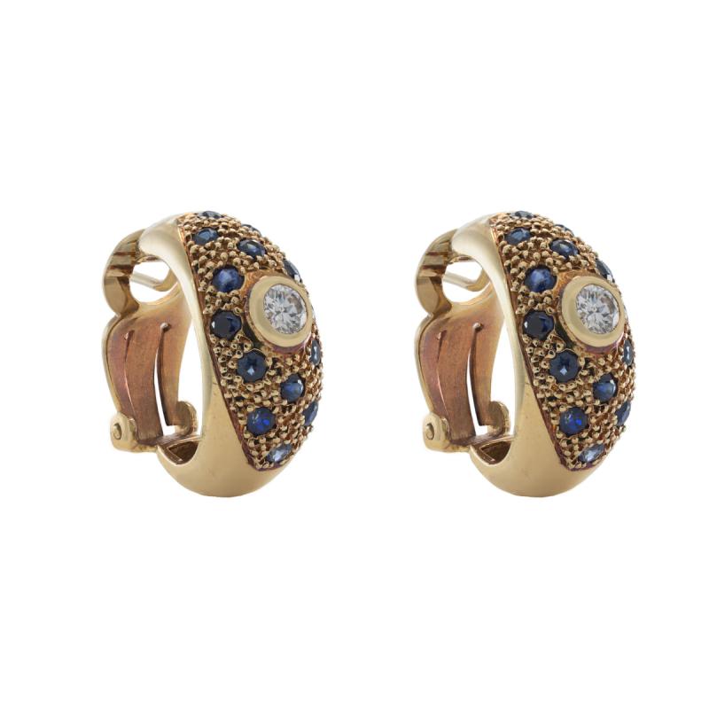 aros oro 18 kilates- media argolla con brillantes y zafiros