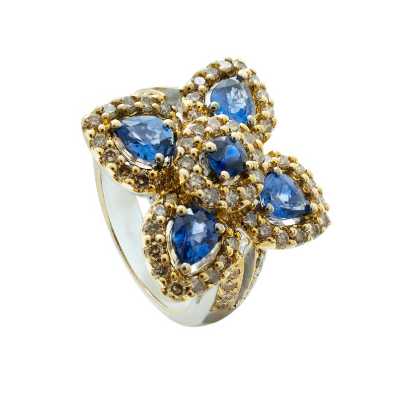 Anillo Oro 18 Kilates - Flor con Brillantes y Zafiros.