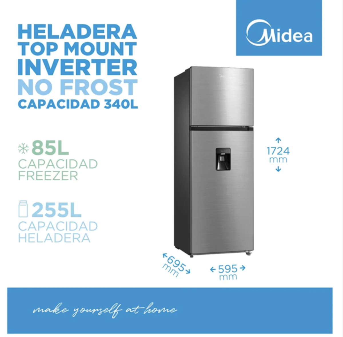 Heladera Midea Inverter Top Mount 340 Litros Color Inox