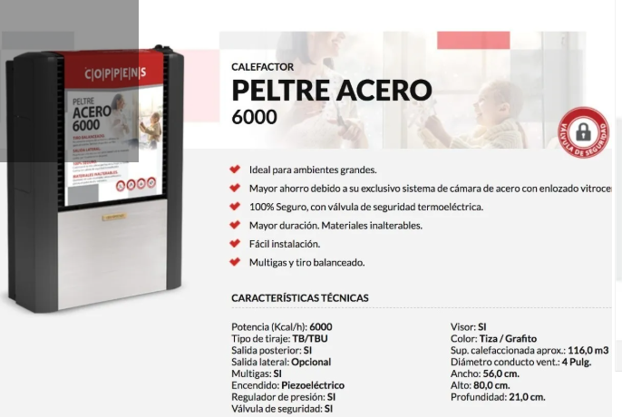 Calefactor Coppens Tb 6000 TERMOSTATO PELTRE ACERO IZQUIERDA