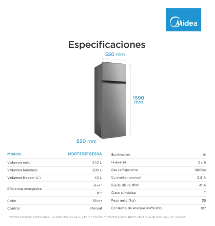 Heladera Midea Silver Top Mount 240 L Mdrt333fge50a Gris