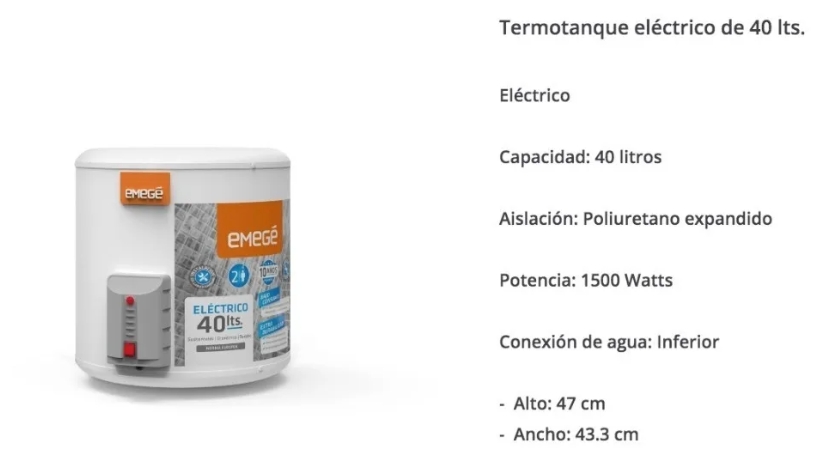 Termotanque Emege ELECTRICO TTQE40EM 40 LITROS Carga inferior