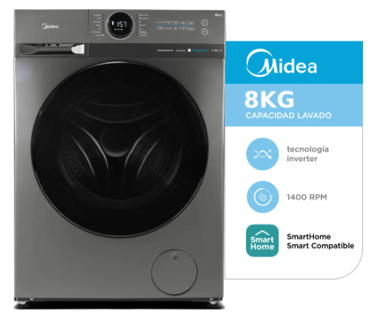 Lavarropas Midea Inverter Smart 8kg Mf200w80wb/t-a1- Titanio 1400rpm