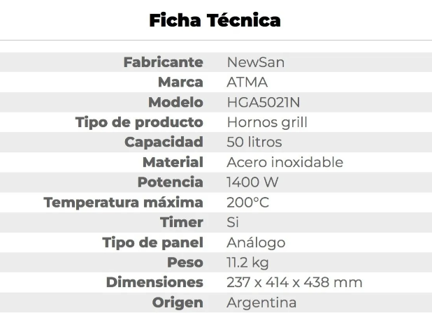 Horno Electrico grill ATMA HG5021 50 Litros 1400 Watts