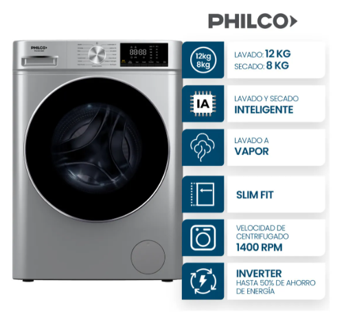 Lavasecarropas Philco PHLS128-2GSN 12/8 Kg Inverter Silver