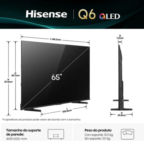 Smart Tv Hisense Qled 4k de 65" 65q6qv con Dolby Vision
