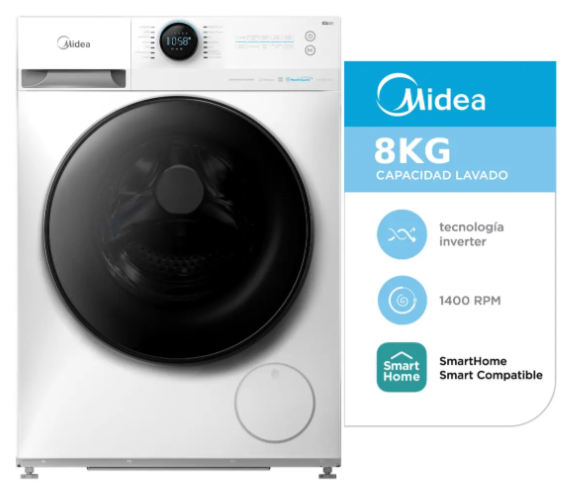 Lavarropas Midea Inverter Smart 8kg Mf200w80WB/WA1 BLANCO 1400rpm