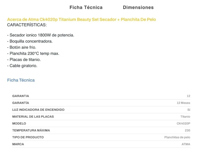 Set Beauty Planchita De Pelo Atma Ck4020p + Secador Titanium