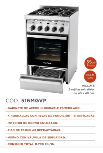 Cocina Industrial Sol Real 516-MGVP MULTIGAS 4H Visor Rejillas Fundicion