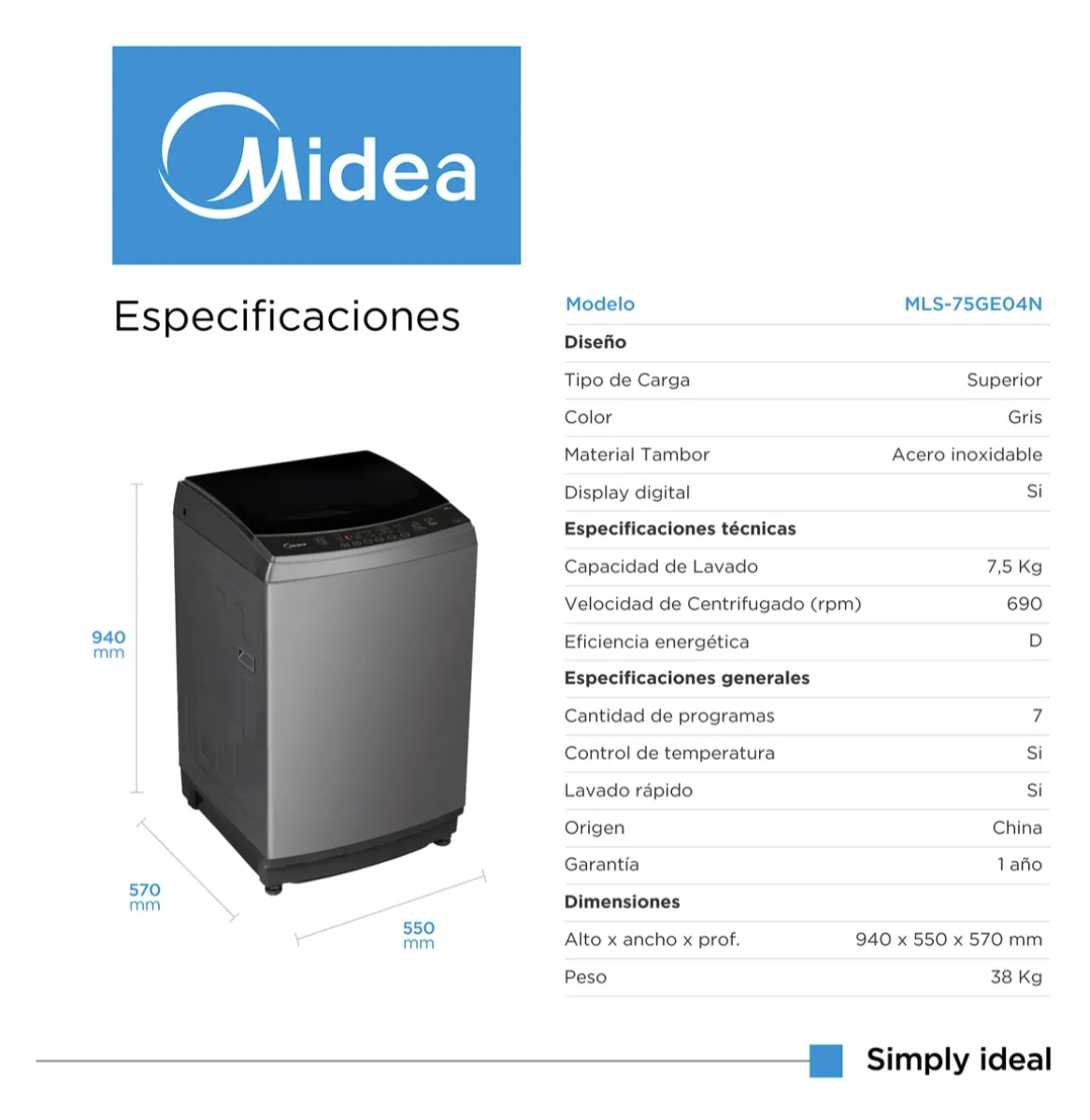 Lavarropas De Carga Superior Midea Mls-75ge04n 7,5 KILOS Gris