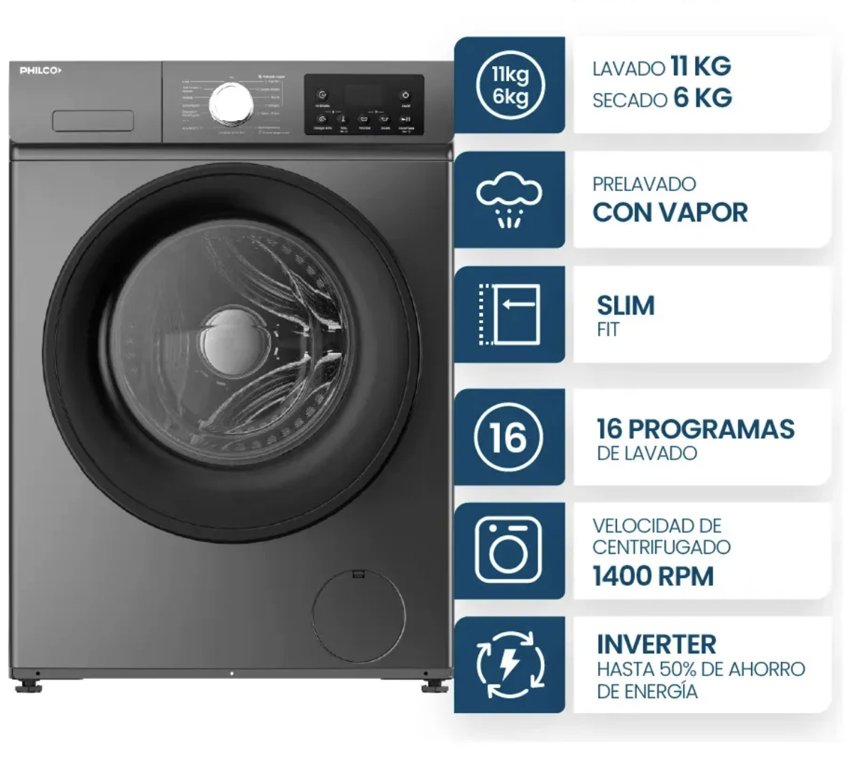 Lavasecarropas Philco PHLS116-7GN 11/6 Kg Inverter Grey 1400RPM