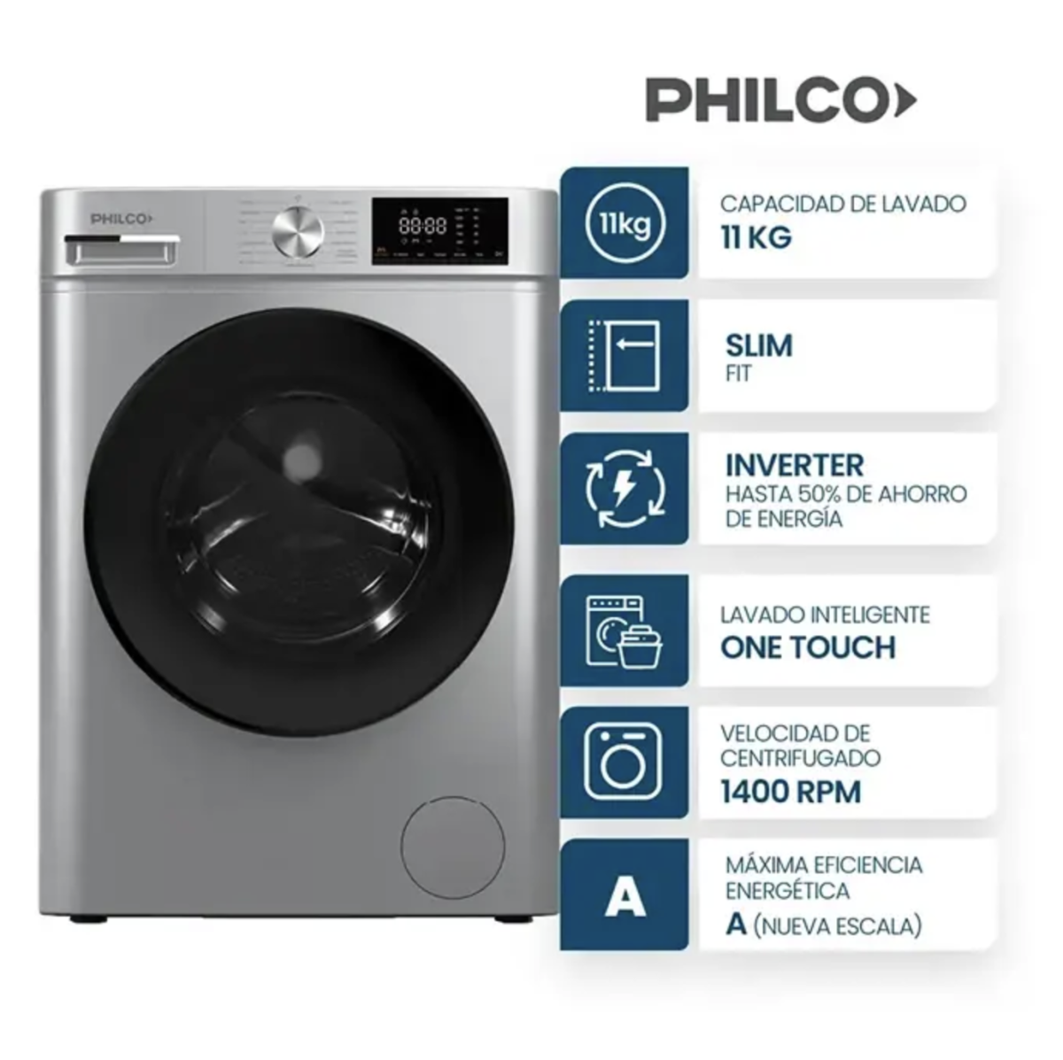 Lavarropas Inverter Philco 11 Kilos PHLF112GN Gris 1400 Rpm Gris Claro