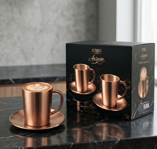Set de 2 Tazas de Cafe Aurum 300ml Doble Capa Acero 304 Rose Satin