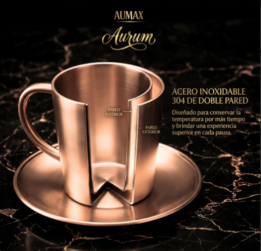 Set de 2 Tazas de Cafe Aurum 300ml Doble Capa Acero 304 Rose Satin