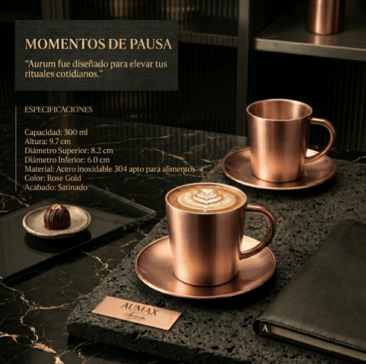 Set de 2 Tazas de Cafe Aurum 300ml Doble Capa Acero 304 Rose Satin