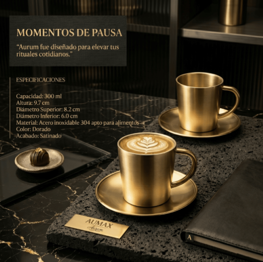 Set de Tazas AUMAX Aurum 300 ml Satin Gold - Acero Inoxidable 304