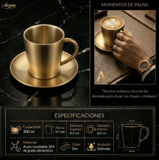 Set de Tazas AUMAX Aurum 300 ml Satin Gold - Acero Inoxidable 304