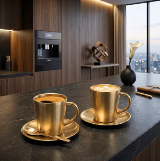 Set de Tazas AUMAX Aurum 300 ml Satin Gold - Acero Inoxidable 304