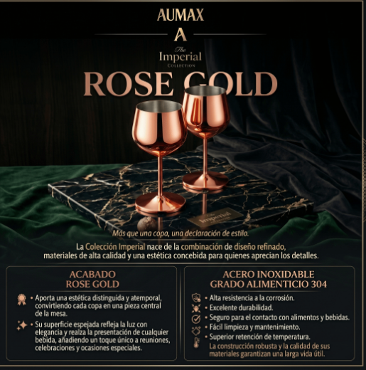 Set de Copas AUMAX Imperial Collection Shiny Rose Mirror - Acero Inoxidable 304