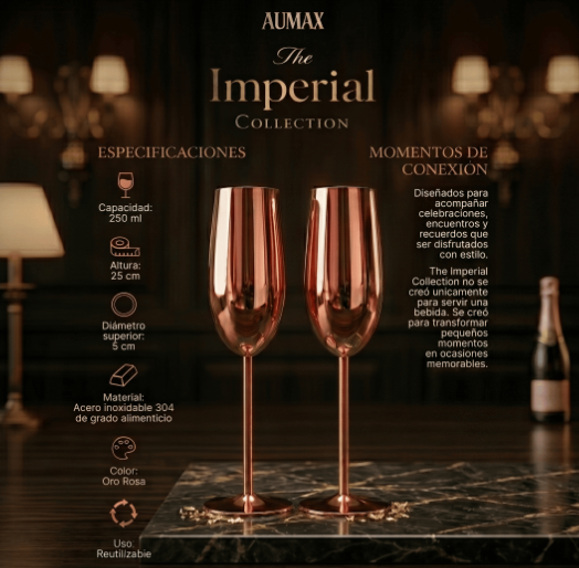 Set de Copas AUMAX Imperial Collection Champagne Rose Gold Mirror - Acero Inoxidable 304