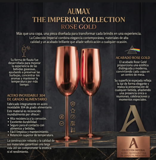 Set de Copas AUMAX Imperial Collection Champagne Rose Gold Mirror - Acero Inoxidable 304