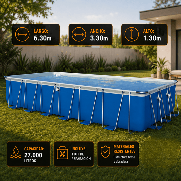 Medidas de pileta Pelopincho XL RC27 630 x 330 x 130 cm y capacidad 27000 litros