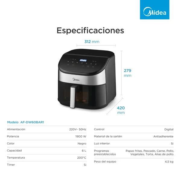 Freidora Midea Sin Aceite AF-DW60BAR1 Digital 6 Litros 1900W