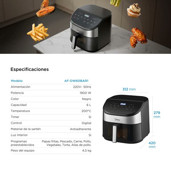 Freidora Midea Sin Aceite AF-DW60BAR1 Digital 6 Litros 1900W