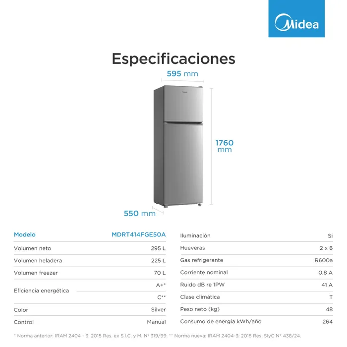 Heladera Midea Silver Top Mount 295 Litros MDRT414FGE50A