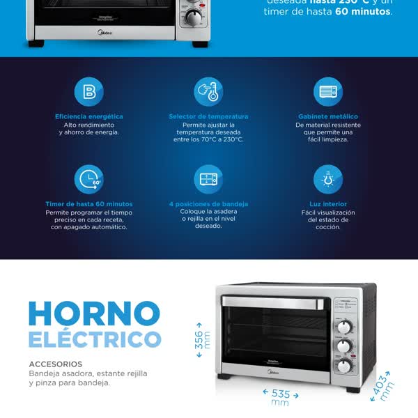 Horno Electrico Midea 40 Litros Acero 1800w Timer Luz TO-M340SAR4