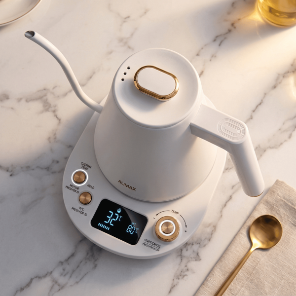 Pava Eléctrica Digital AUMAX Alba 1L Blanca Gold Acero 304