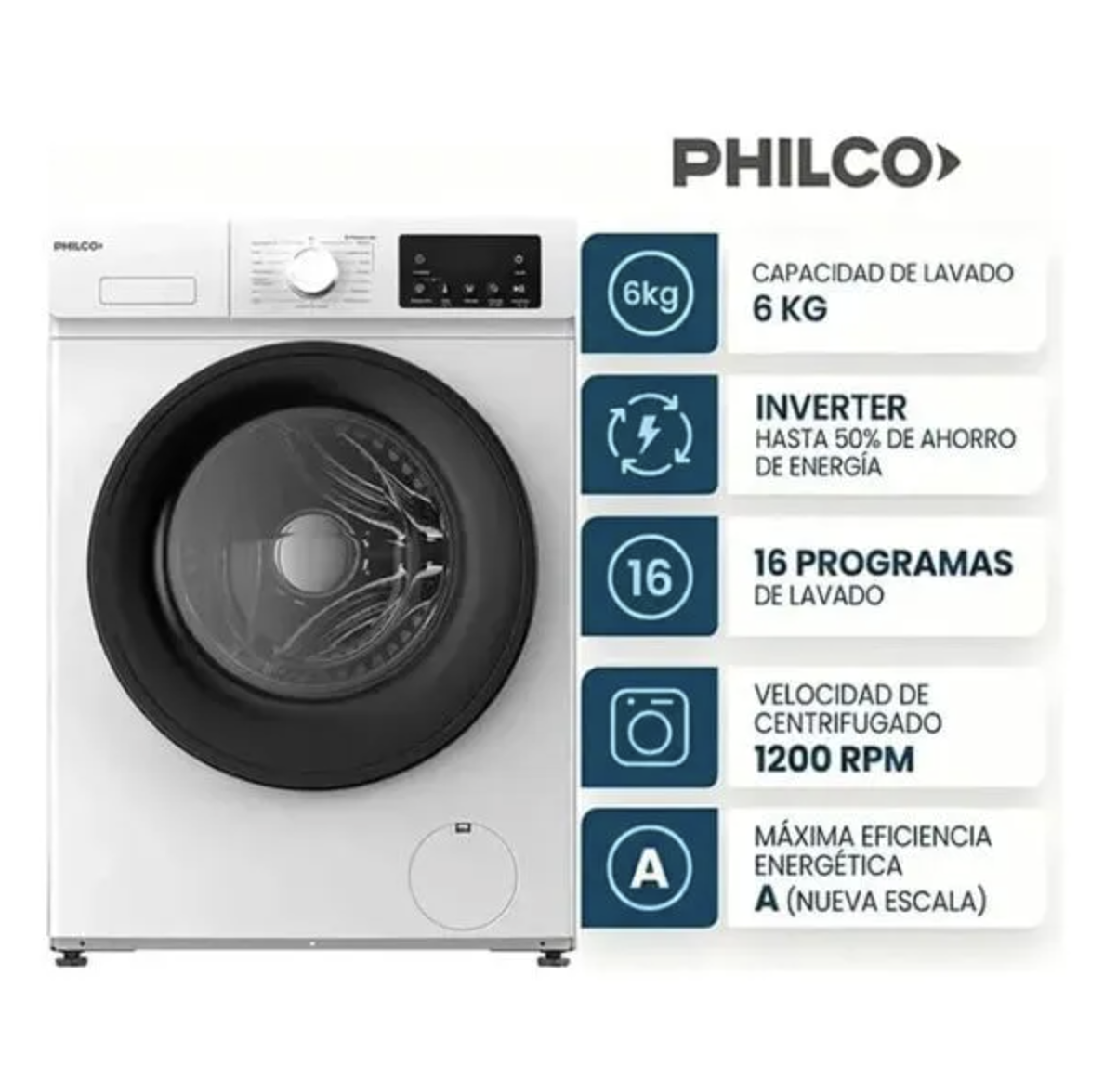 LAVARROPAS PHILCO PHLF67BN 6KG 1200RPM INVERTER BLANCO