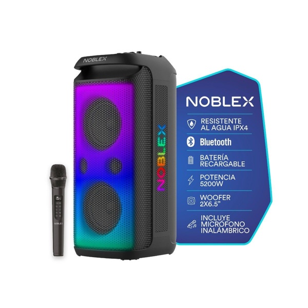 Torre de sonido Noblex MNX1600 con micrófono inalámbrico y funciones destacadas
