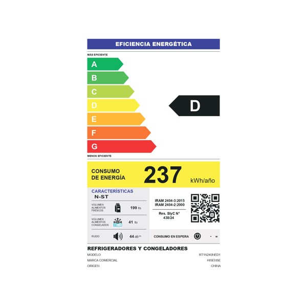 Etiqueta de eficiencia energética de la heladera Hisense RT240N1ESA