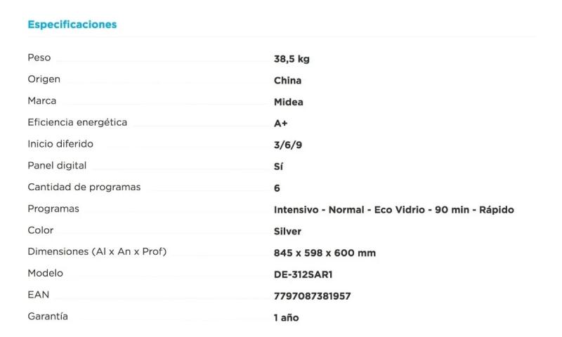 Lavavajillas Midea 12 Cubiertos De-312sar1 Plata A+