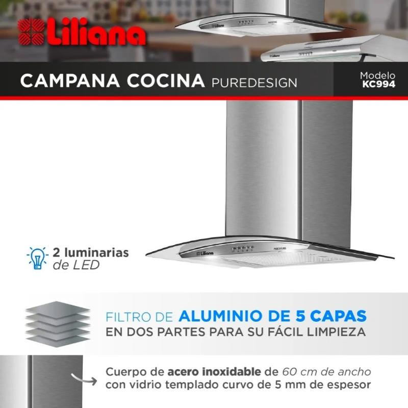 Campana De Cocina Liliana Kc994 Acero Luces Led