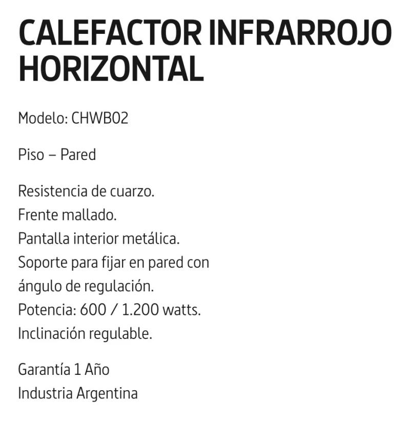 Calefactor Infrarrojo Whitenblack 1200w Chwb02 Piso / Pared
