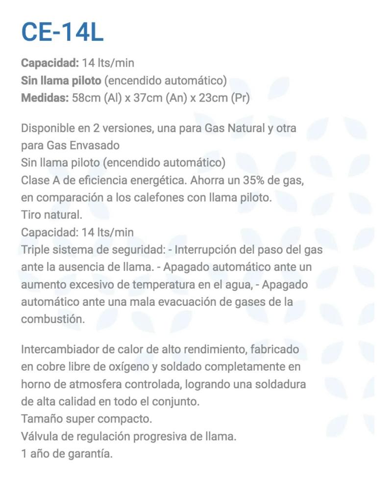 Calefon A Gas Escorial Sin Llama Piloto De 14 Litros GAS NATURAL