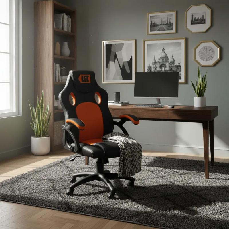 Silla De Escritorio Lüsqtoff Sgl100-9 Gamer Ergonómica Negra Y Naranja Con Tapizado De Cuero Sintético