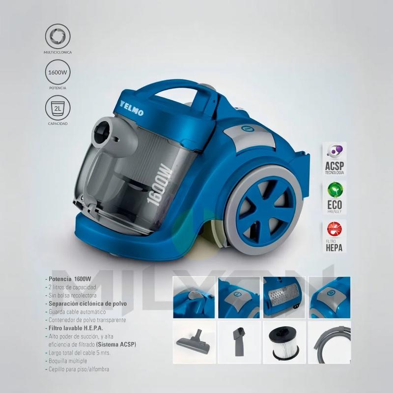 Aspiradora Yelmo As 3224 2lts Filtro S/bolsa Hepa 1600w Color Gris/azul