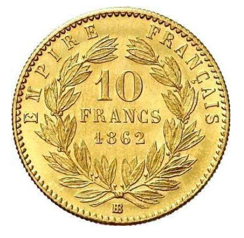 Moneda de Oro 22 Kts. 10 Francos Franceses Napoleón 3,2 g.