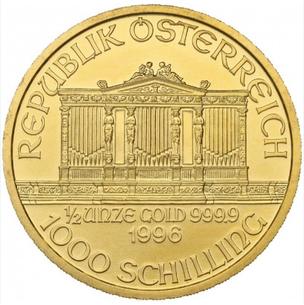 Moneda de oro 24 Kts. 1000 Chelines 1/2 Oz Filarmonica de Viena 15,5 gr