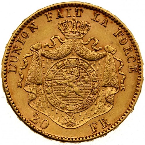 Moneda de Oro 22 Kts. 20 Francos Belgas Leopoldo II 6,4 g.