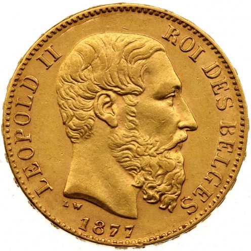Moneda de Oro 22 Kts. 20 Francos Belgas Leopoldo II 6,4 g.