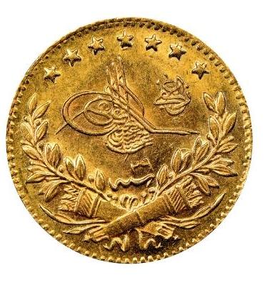 Moneda de Oro 22 Kts. 25 Kurus Mehmed V Constantinople 1.8 Gr