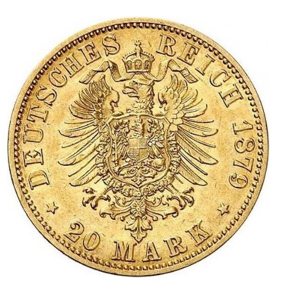 Moneda de Oro 22 Kts. 20 Mark Emperador Wilhelm I Prusia 8 g.